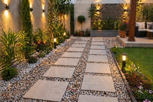 ممر حديقة بالحصى والبلاط بتصميم أنيق