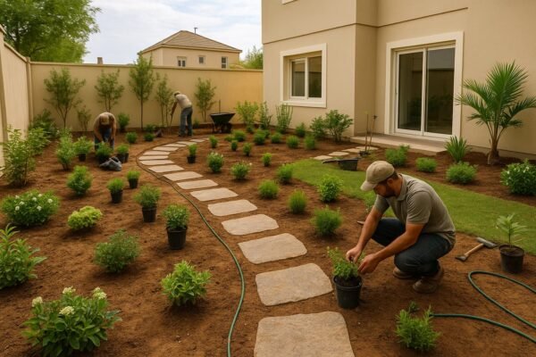 حديقة منزلية كويتية تحت الإنشاء مع عمال يقومون بزراعة النباتات المشتراة من المشتل