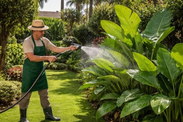 تنظيف النباتات من الأتربة في حديقة بالكويت