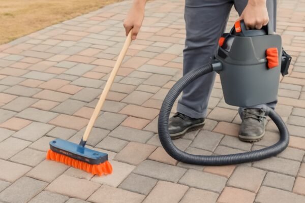 عامل يقوم بتنظيف بلاط متداخل باستخدام فرشاة يدوية ومكنسة كهربائية في مكان خارجي