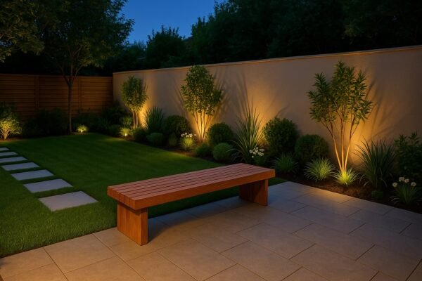 حديقة خارجية عصرية بجلسة خشبية وإضاءة ليلية