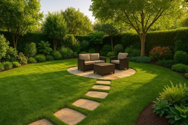 منطقة جلوس خارجية داخل حديقة خضراء منسقة بشكل احترافي