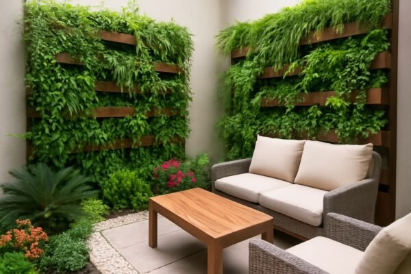 حديقة صغيرة في الأندلس تحتوي على جدران نباتية وركن مريح للأثاث الخارجي، مع تركيز على الاستخدام العمودي للنباتات