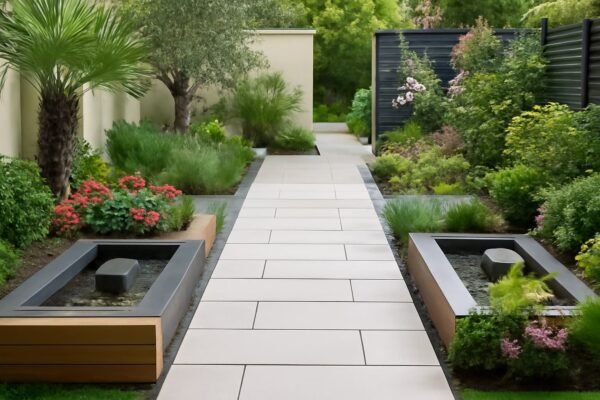 حديقة حديثة في الأندلس تحتوي على ممرات من البلاط الحديث وأحواض مائية صغيرة مع شجيرات وزهور مزروعة بين الأسطح الخشبية والمعدنية