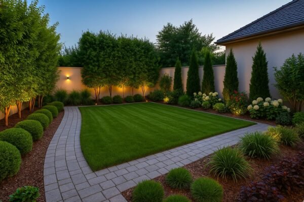 حديقة منسقة باحتراف بمسارات حجرية ونباتات مرتبة