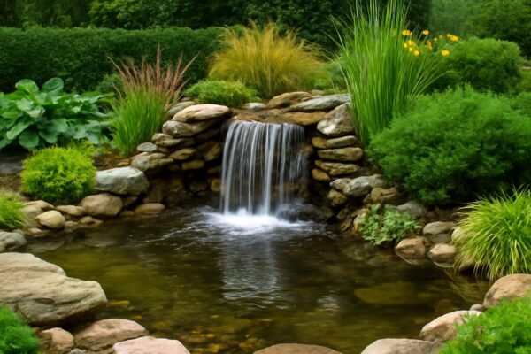 حديقة مائية مع شلال صغير وسط النباتات الخضراء