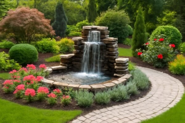 حديقة تحتوي على نافورة مائية مع تنسيق نباتات ملونة وأشجار محيطة، ومسار حجري يمر بجانبها.