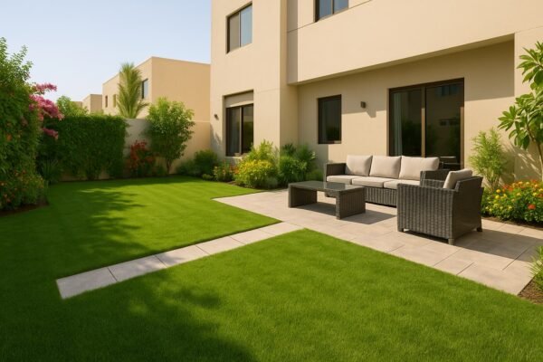 حديقة منزلية عصرية في الكويت مع ثيل طبيعي وجلسة خارجية