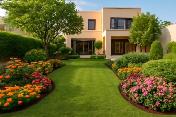 تصميم حديث لحديقة منزلية في صباح سالم بالكويت، تجمع بين الأزهار الملونة والأشجار الخضراء لتوفير بيئة مريحة