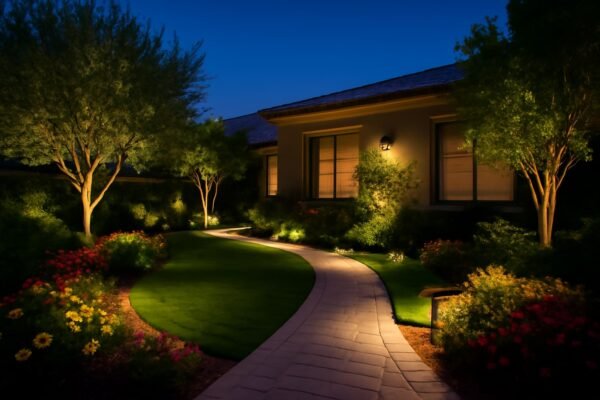 حديقة منزلية جميلة مضاءة في صباح سالم بالكويت، مع إضاءة منظمة وقوية تبرز جمال المساحات الخضراء والزهور