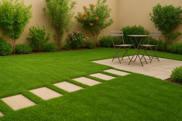 ثيل أخضر طبيعي أو صناعي في حديقة منزلية مع مسار حجري