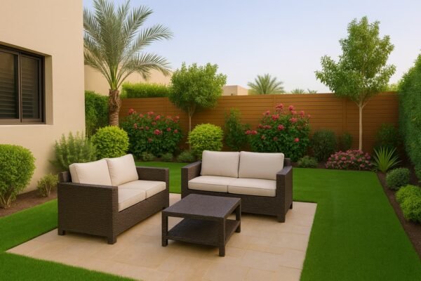 صورة حديقة منزلية كويتية وجلسة خارجية