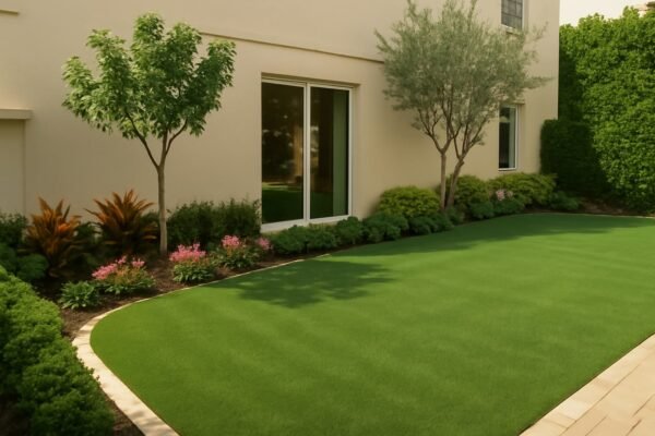 حديقة منزلية في جنوب السُّرَّة مع عشب صناعي وأشجار محلية، ومسار حجري يحيط بالمساحة الخضراء.