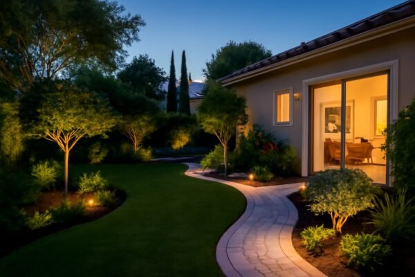 حديقة منزلية في خيطان مع إضاءة ليلية توضح جمال الحديقة