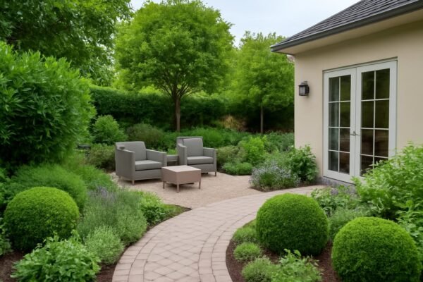 حديقة منزلية منسقة بالكامل تظهر الجلسات والممرات مع النباتات الخضراء