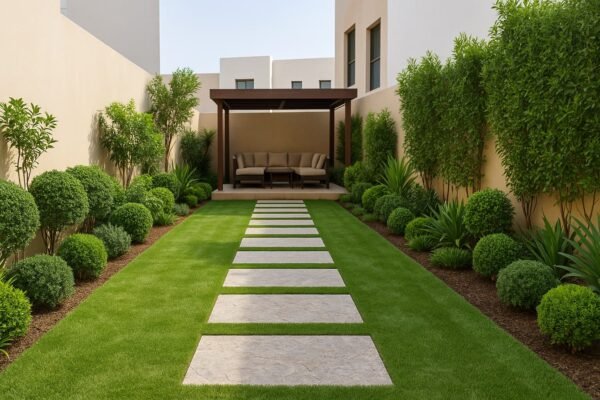 حديقة منزلية منسقة في النزهة بممرات حجرية وجلسة خارجية وسط نباتات خضراء