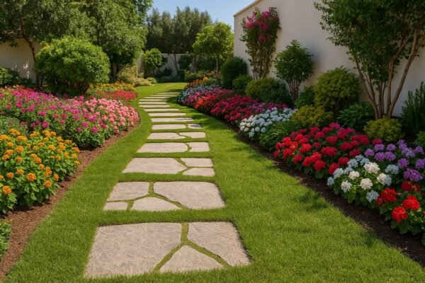 ممر حجري جميل داخل حديقة مزروعة بأزهار ملونة في بيان بالكويت