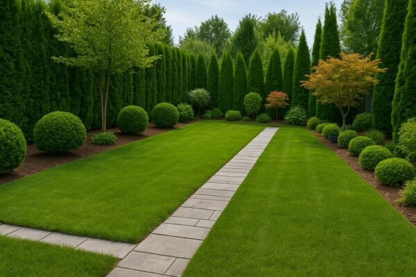 تنسيق حديقة منزلية بممر حجري وأشجار زينة