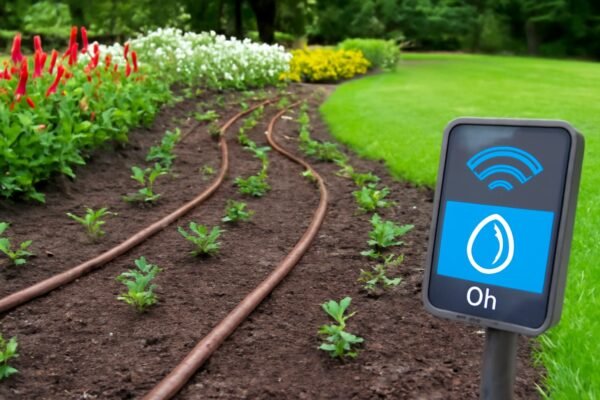 نظام ري ذكي في حديقة مع خطوط أنابيب التنقيط وأجهزة تحكم للري