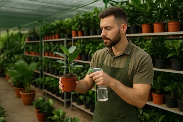 مهندس زراعي داخل مشتل كويتي يفحص نباتات جديدة بعد شرائها