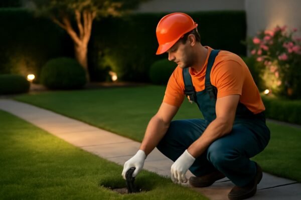 فني يقوم بصيانة شبكة الري في حديقة مضاءة.