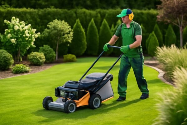 فني يقوم بقص العشب داخل حديقة منزلية أنيقة
