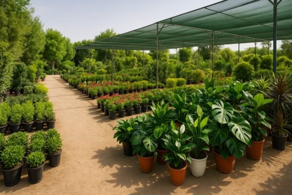 مشتل كويتي واسع يعرض نباتات داخلية وخارجية في بيئة خضراء طبيعية