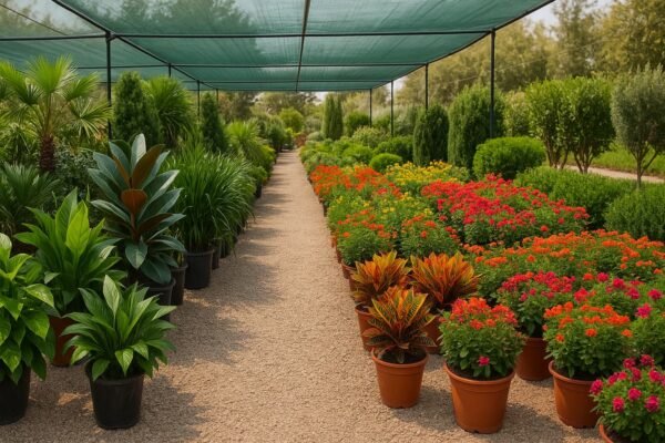 مجموعة نباتات داخلية وخارجية مرتبة داخل مشتل في الكويت