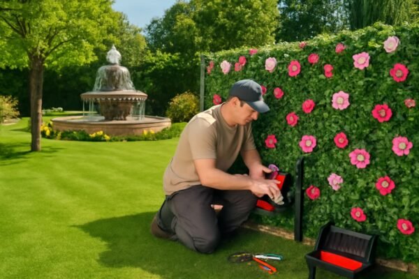 فني يقوم بتركيب سياج تركي مع ورود جميلة في حديقة منزلية