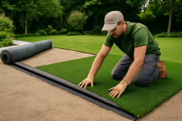 فني يقوم بتركيب ثيل صناعي في حديقة واسعة.