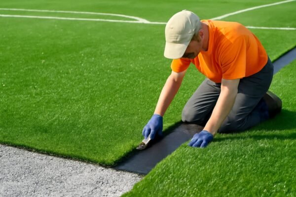 فني يثبت الثيل الصناعي في ملعب رياضي