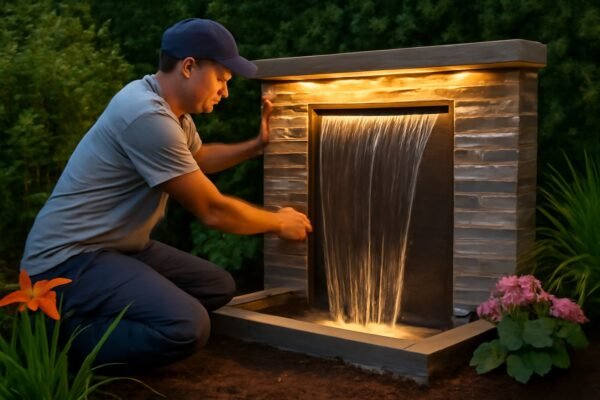 فني يقوم بتركيب شلال جداري مضيء في حديقة منزلية جميلة