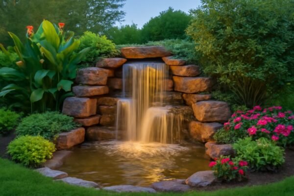 شلال اصطناعي في حديقة ذات تصميم متناغم مع النباتات المحيطة