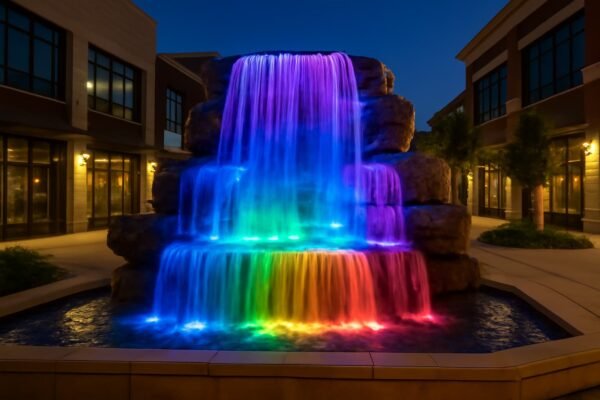 شلال اصطناعي مضيء بألوان متعددة في وسط منطقة تجارية، مع إضاءة تعكس جمال المياه في الكويت