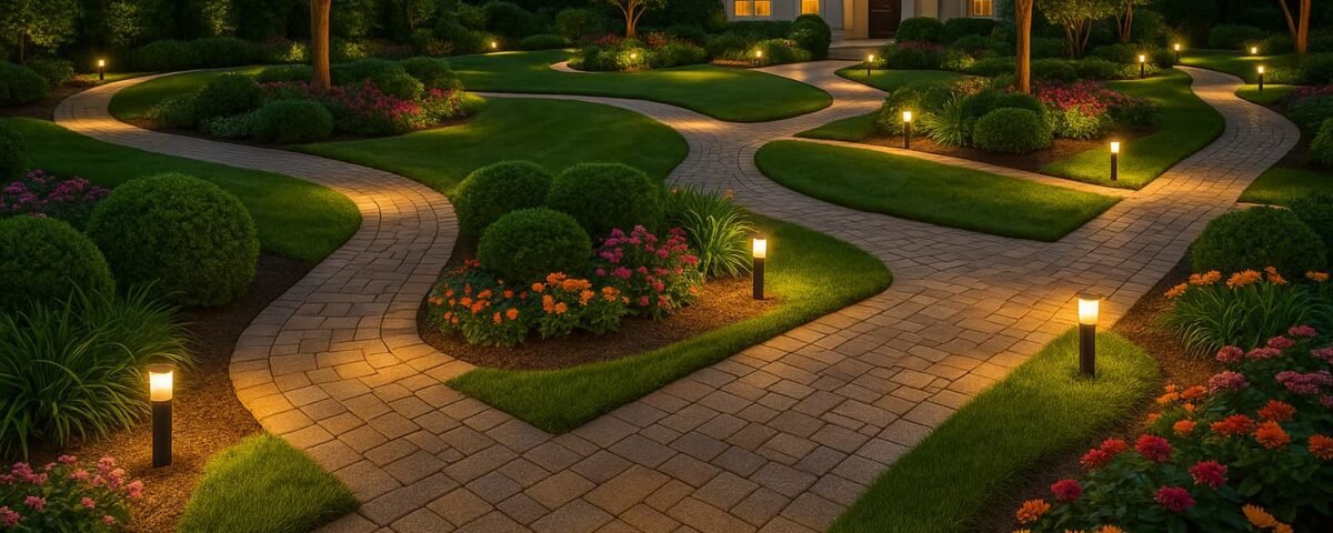 تصميم ممرات حدائق بالكويت حديقة منزلية بممرات متعددة مضاءة ليلاً