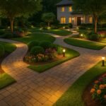 تصميم ممرات حدائق بالكويت حديقة منزلية بممرات متعددة مضاءة ليلاً