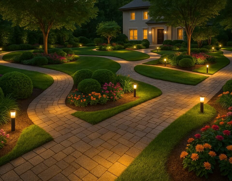 تصميم ممرات حدائق بالكويت حديقة منزلية بممرات متعددة مضاءة ليلاً