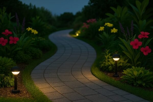 ممر حديث بإضاءة أرضية وسط نباتات ملونة