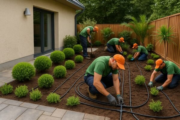 عمال تنسيق حدائق يركبون نظام ري حديث في حديقة منزلية بالفيحاء