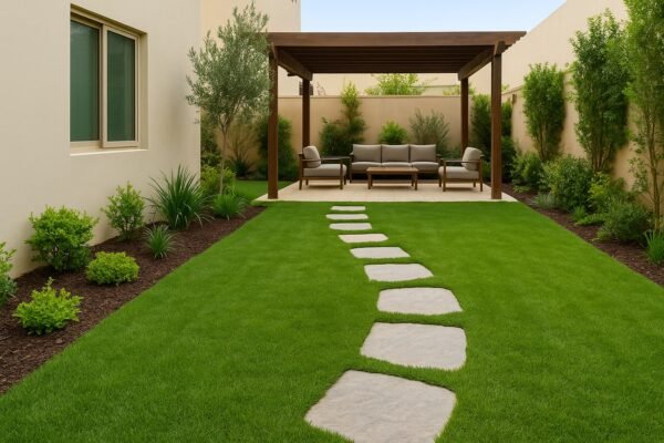 حديقة منزلية في المسايل بالكويت بعد تركيب عشب طبيعي وممرات حجرية وجلسة خارجية مظللة