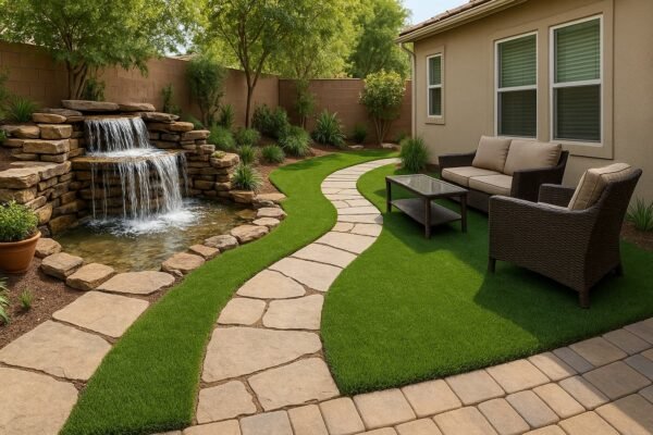 حديقة منزلية تحتوي على شلال صناعي وممرات حجرية وعشب صناعي وجلسة خارجية