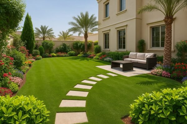 حديقة منزلية منسقة بعشب طبيعي وجلسة خارجية أنيقة في منطقة جابر العلي