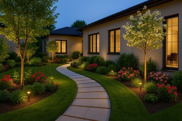 حديقة منزلية فخمة في صباح الأحمد تضم ممرات حجرية ومساحات خضراء وأشجار مزهرة