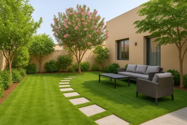 حديقة منزلية في العدان مزروعة بالأشجار ومجهزة بممر حجري وجلسة خارجية عصرية
