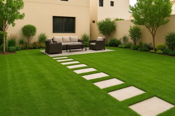 حديقة منزلية خضراء في القيروان بالكويت مع جلسة خارجية وممر حجري