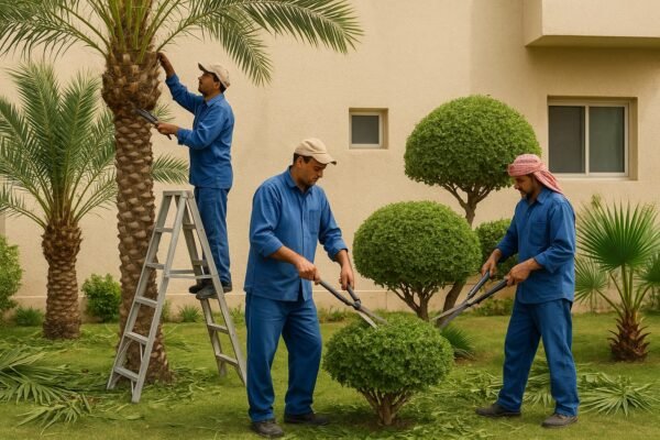 فريق عمل مكوّن من ثلاثة عمال يقومون بتقليم أشجار نخيل وأشجار زينة في حديقة منزلية بالكويت