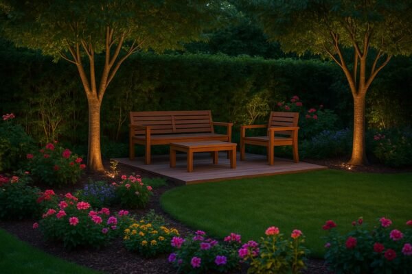 جلسة خارجية خشبية بين الأشجار في حديقة منزلية بإضاءة ناعمة وأزهار ملونة