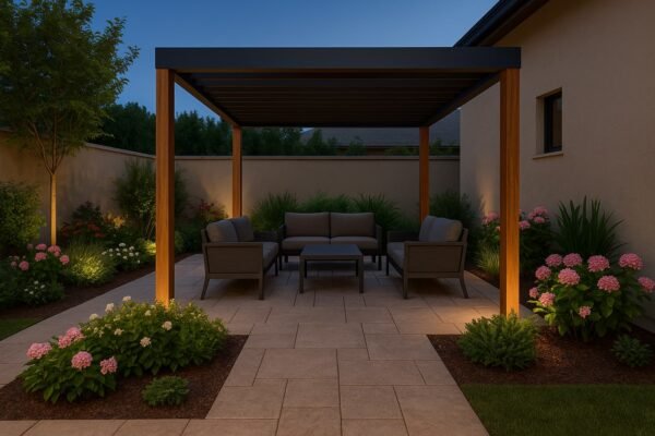 جلسة خارجية في حديقة منزلية بصباح السالم تحت مظلة خشبية