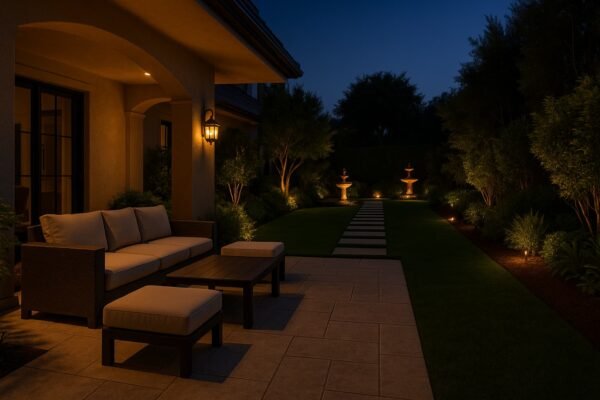 جلسة خارجية في حديقة فيلا بمشرف بإضاءة ليلية دافئة