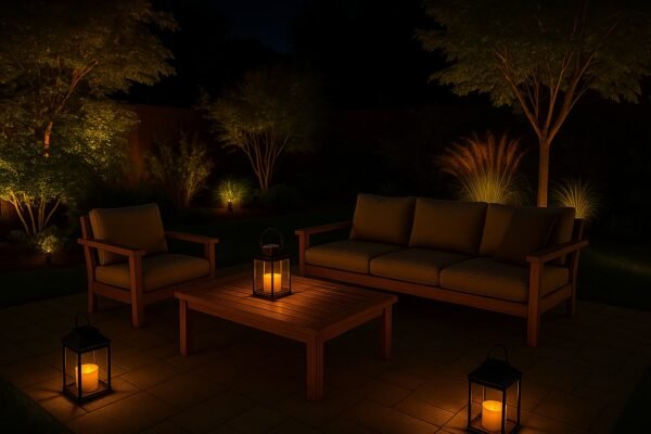 جلسة خارجية فاخرة مضاءة بإضاءة ليلية دافئة في الكويت